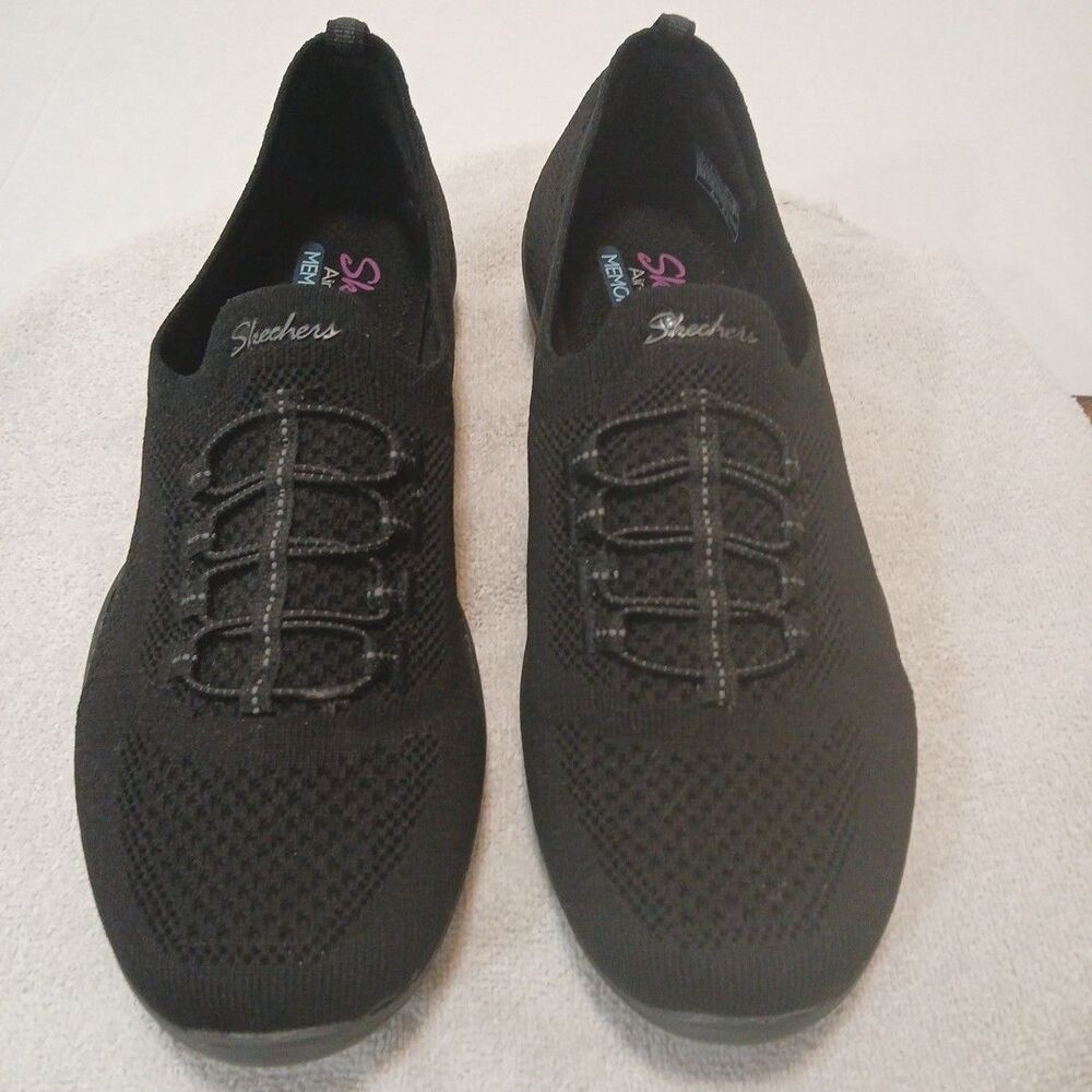 Skechers Shoes Slip On Black Stretch Fit Air Cooled Memory Foam Womens SZ 10 NEW